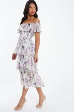 White Chiffon Floral Bardot Midi Dress -Women Clothing Sales Store 00100036289 XM