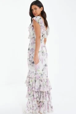 White Chiffon Floral Frill Maxi Dress -Women Clothing Sales Store 00100036290 XB