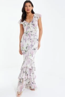 White Chiffon Floral Frill Maxi Dress -Women Clothing Sales Store 00100036290 XM