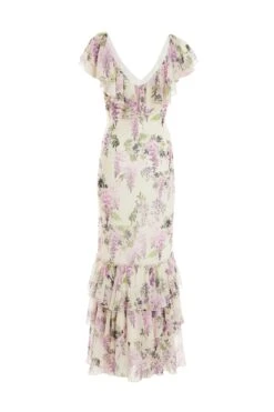 White Chiffon Floral Frill Maxi Dress -Women Clothing Sales Store 00100036290 ZB