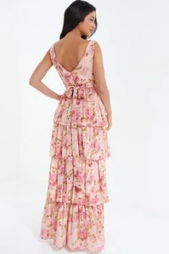 Cream Chiffon Floral Tiered Maxi Dress 8 Cream Chiffon Floral Tiered Maxi Dress -Women Clothing Sales Store 00100036346 XB