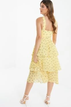 Yellow Chiffon Floral Tiered Midi Dress -Women Clothing Sales Store 00100036348 XB