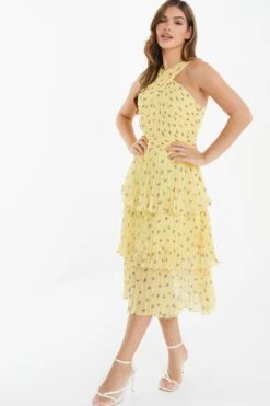 Yellow Chiffon Floral Tiered Midi Dress -Women Clothing Sales Store 00100036348 XS
