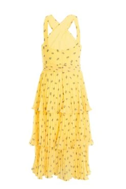 Yellow Chiffon Floral Tiered Midi Dress -Women Clothing Sales Store 00100036348 ZB