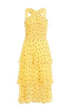 Yellow Chiffon Floral Tiered Midi Dress