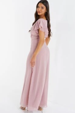 Pink Chiffon Frill Sleeve Maxi Dress 8 Pink Chiffon Frill Sleeve Maxi Dress -Women Clothing Sales Store 00100036349 XB