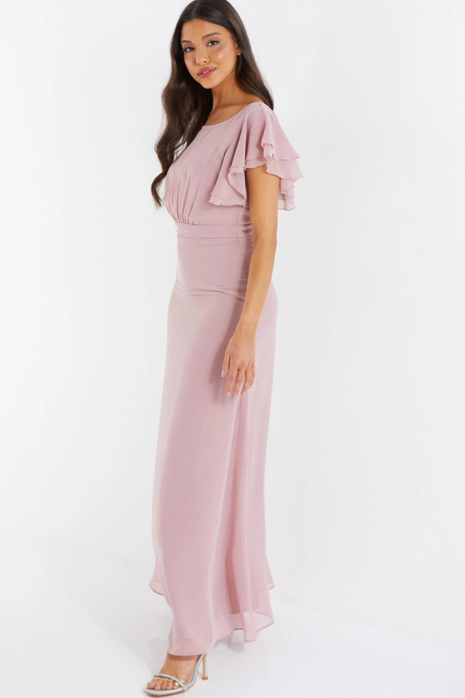 Pink Chiffon Frill Sleeve Maxi Dress 4 Pink Chiffon Frill Sleeve Maxi Dress - Image 4