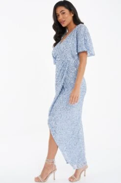 Light Blue Sequin Batwing Maxi Dress -Women Clothing Sales Store 00100036357 XS
