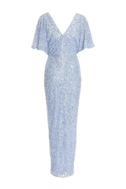 Light Blue Sequin Batwing Maxi Dress -Women Clothing Sales Store 00100036357 ZB