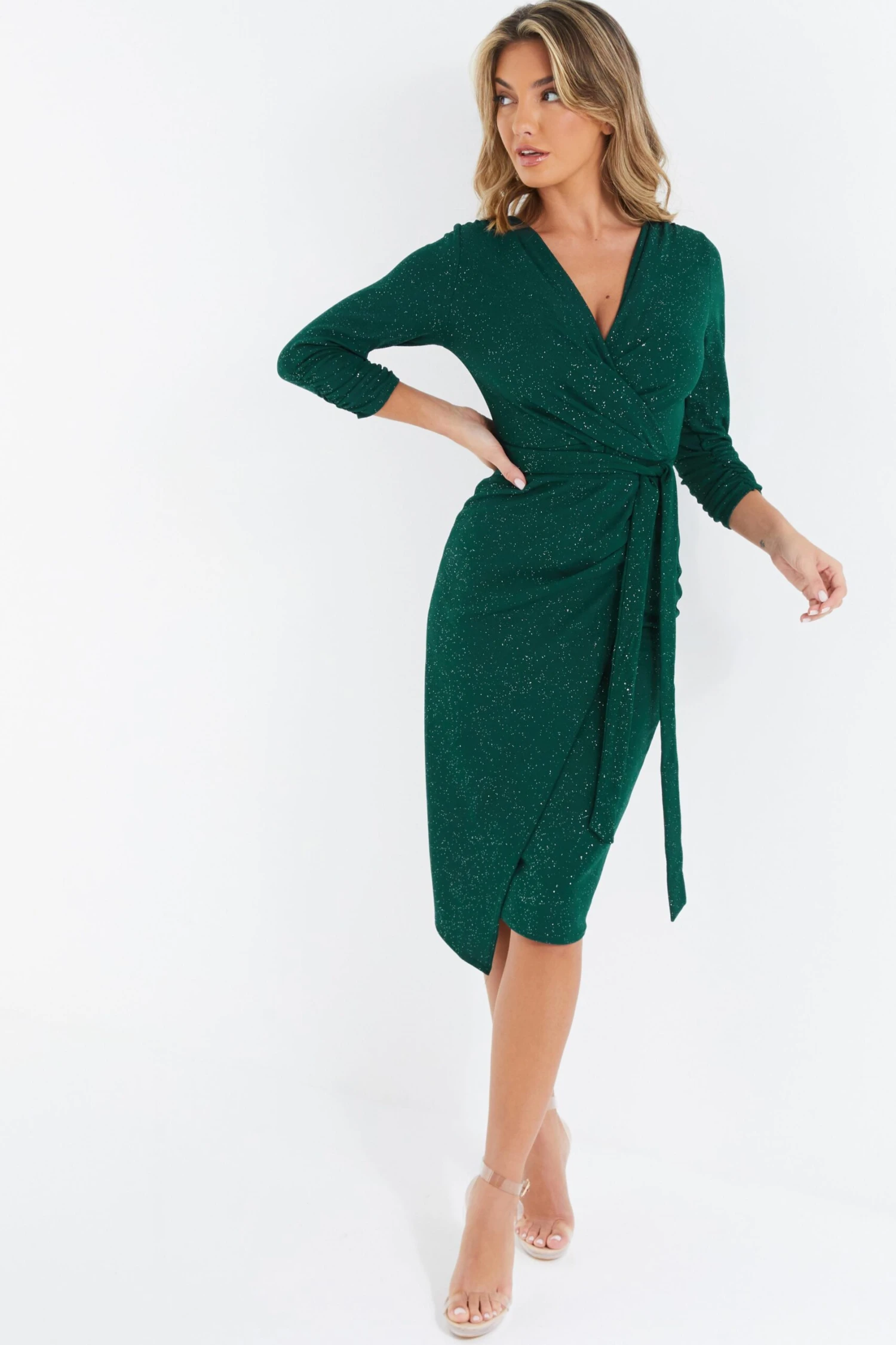 Bottle Green Glitter Wrap Tie Midi Dress 2 Bottle Green Glitter Wrap Tie Midi Dress - Image 2