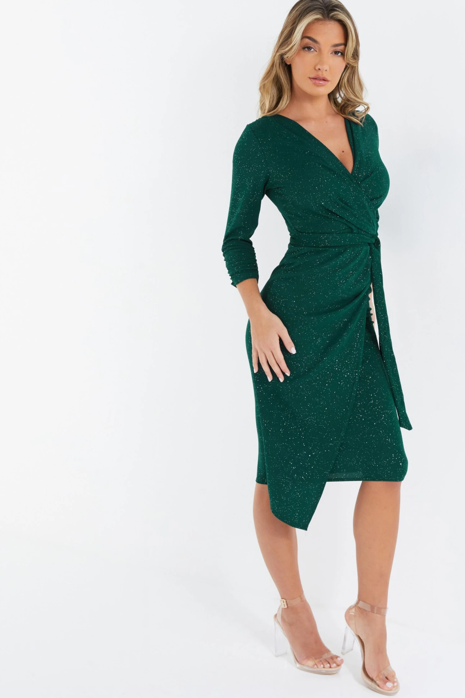 Bottle Green Glitter Wrap Tie Midi Dress 4 Bottle Green Glitter Wrap Tie Midi Dress - Image 4
