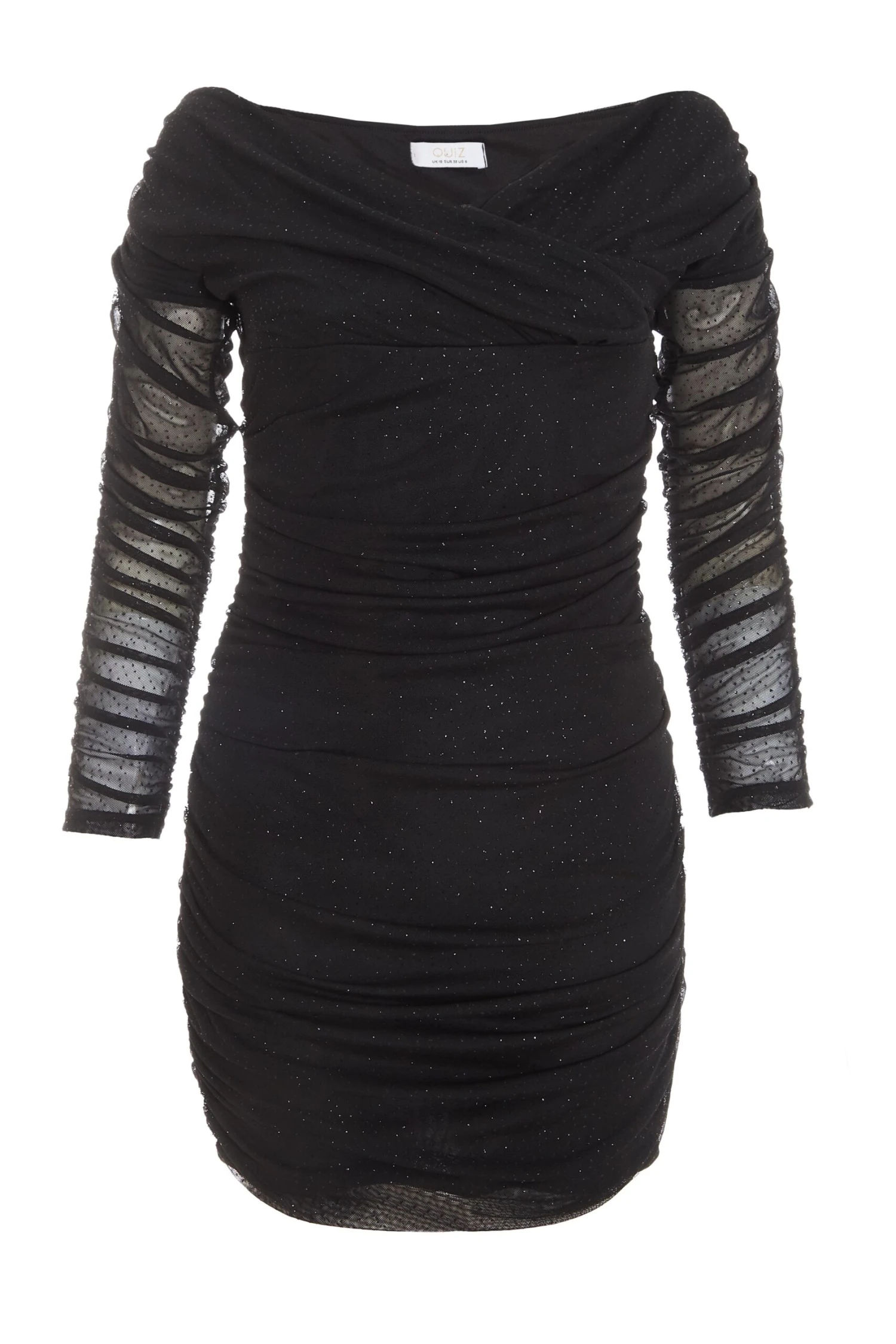 Black Bardot Glitter Ruched Bodycon Mini Dress 1 Black Bardot Glitter Ruched Bodycon Mini Dress