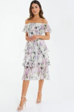 Petite White Chiffon Floral Bardot Midi Dress 9 Petite White Chiffon Floral Bardot Midi Dress -Women Clothing Sales Store 00100036430 XS
