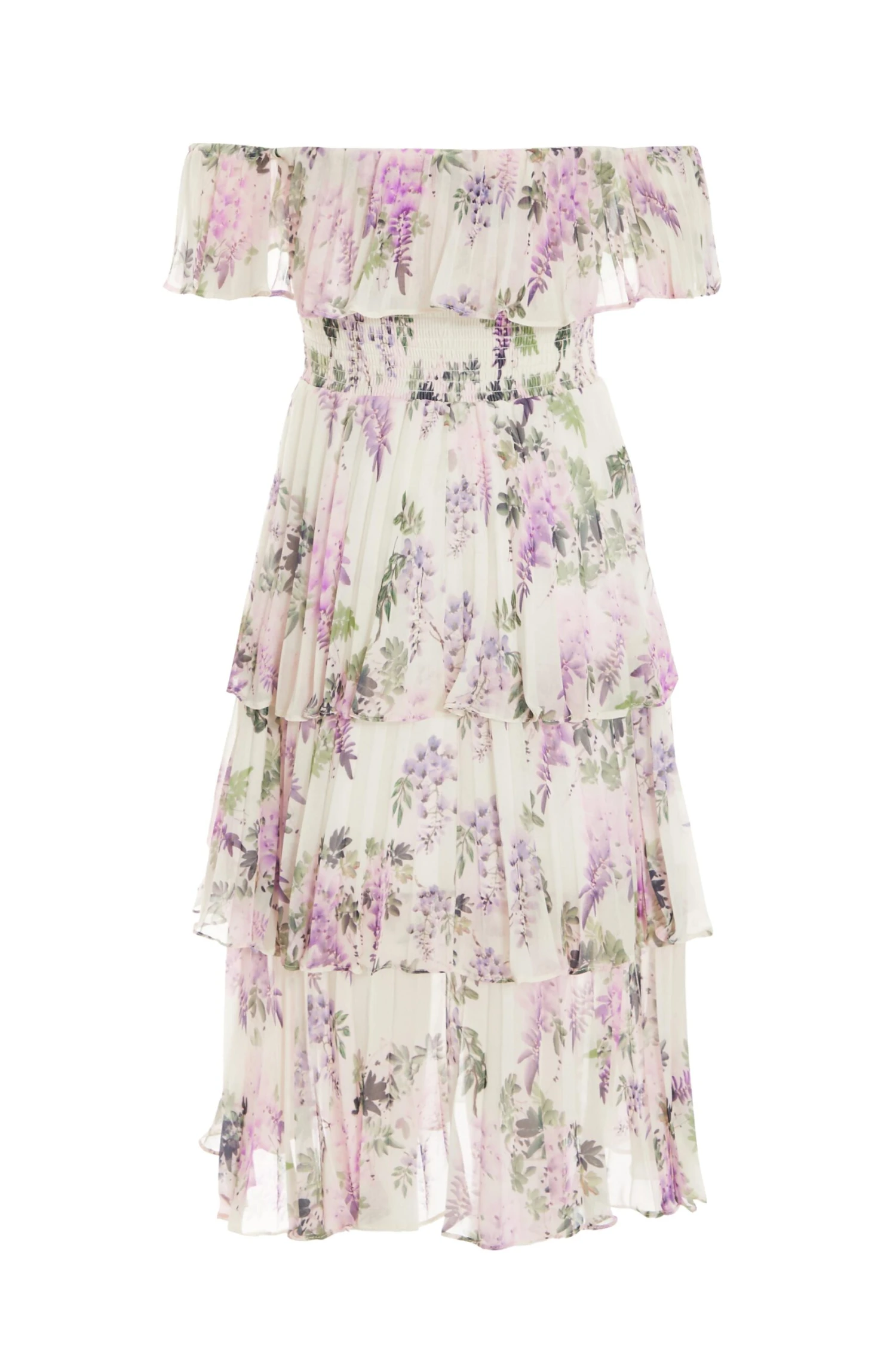 Petite White Chiffon Floral Bardot Midi Dress 5 Petite White Chiffon Floral Bardot Midi Dress - Image 5