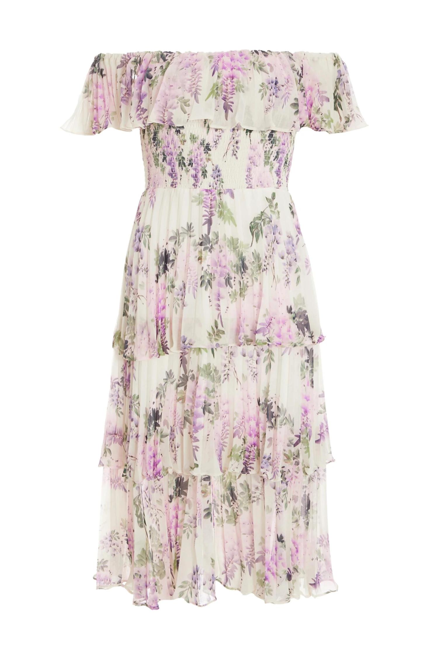 Petite White Chiffon Floral Bardot Midi Dress 1 Petite White Chiffon Floral Bardot Midi Dress