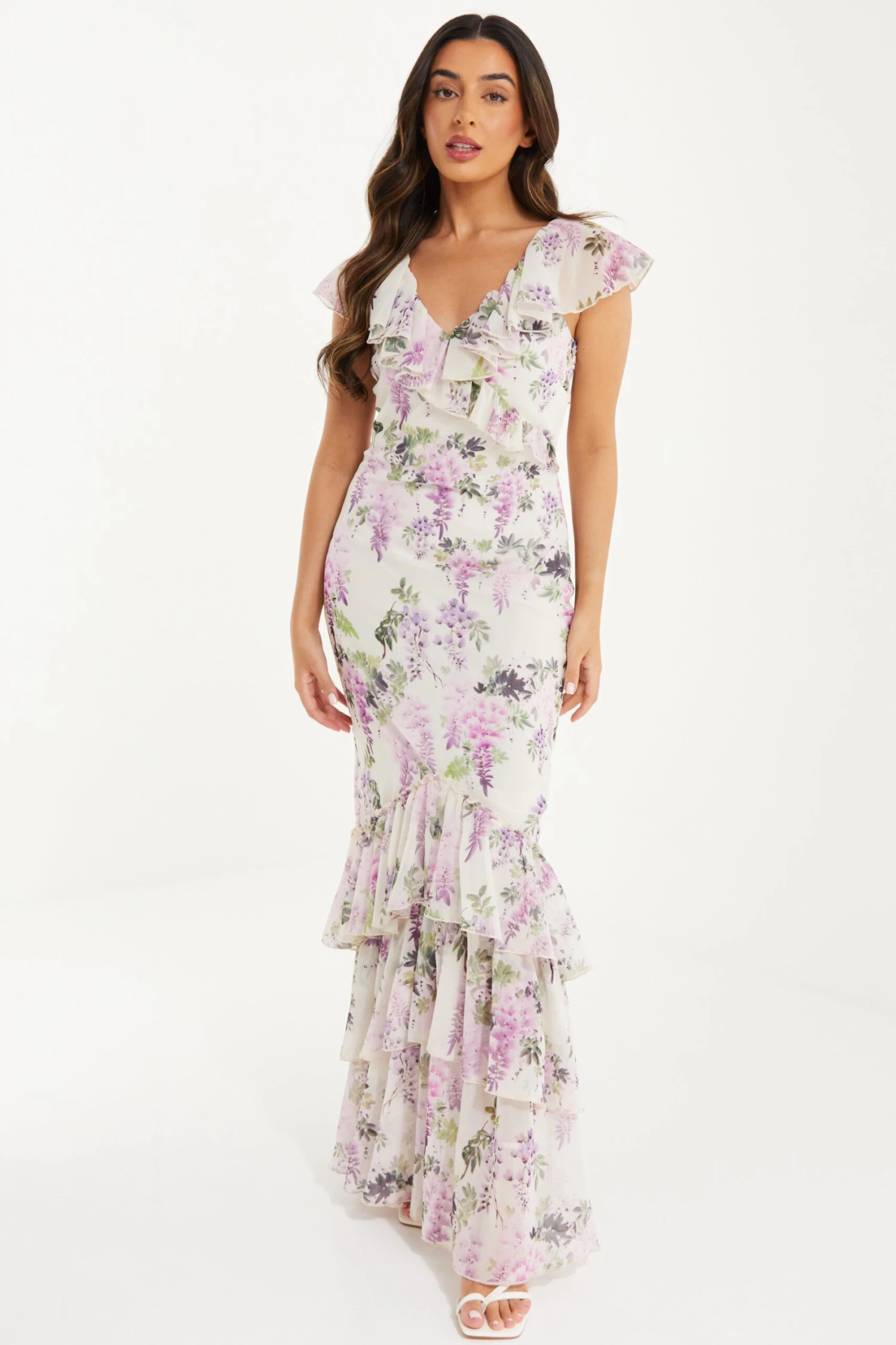 Petite White Chiffon Floral Frill Maxi Dress 2 Petite White Chiffon Floral Frill Maxi Dress - Image 2