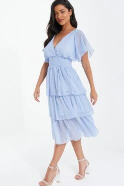 Blue Chiffon Tiered Midi Dress 9 Blue Chiffon Tiered Midi Dress -Women Clothing Sales Store 00100036433 XS