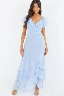 Light Blue Chiffon Frill Maxi Dress 7 Light Blue Chiffon Frill Maxi Dress -Women Clothing Sales Store 00100036489 XM