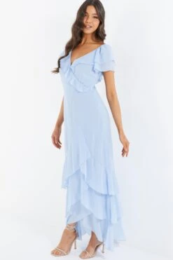 Light Blue Chiffon Frill Maxi Dress 9 Light Blue Chiffon Frill Maxi Dress -Women Clothing Sales Store 00100036489 XS