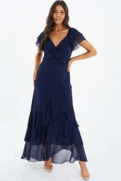 Navy Chiffon Frill Maxi Dress 7 Navy Chiffon Frill Maxi Dress -Women Clothing Sales Store 00100036490 XM