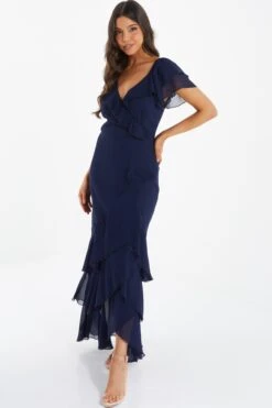 Navy Chiffon Frill Maxi Dress 9 Navy Chiffon Frill Maxi Dress -Women Clothing Sales Store 00100036490 XS