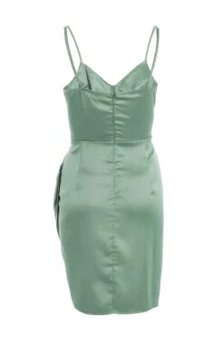 Sage Satin Ruched Bodycon Mini Dress -Women Clothing Sales Store 00100036492 ZB