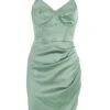 Sage Satin Ruched Bodycon Mini Dress -Women Clothing Sales Store 00100036492 ZM
