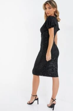 Black Sequin Wrap Midi Dress 8 Black Sequin Wrap Midi Dress -Women Clothing Sales Store 00100036495 XB