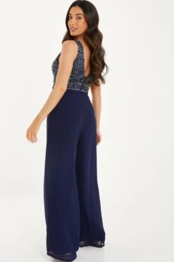 Petite Navy Sequin Wrap Palazzo Jumpsuit 8 Petite Navy Sequin Wrap Palazzo Jumpsuit -Women Clothing Sales Store 00100036498 XB