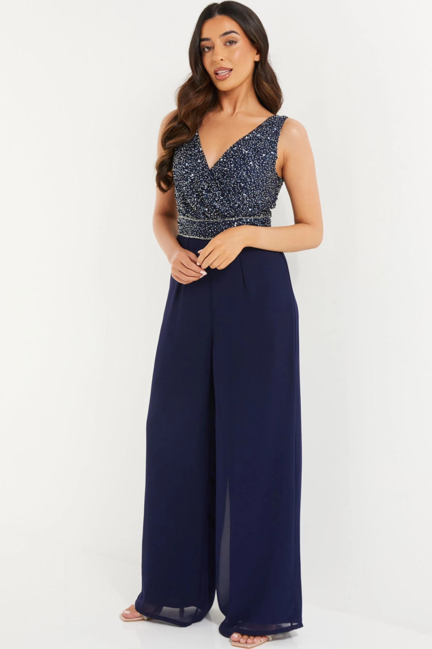 Petite Navy Sequin Wrap Palazzo Jumpsuit 4 Petite Navy Sequin Wrap Palazzo Jumpsuit - Image 4
