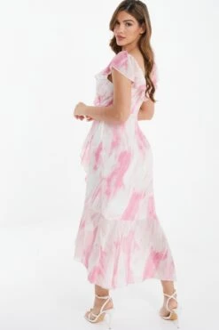 Pink Brush Stroke Frill Midaxi Dress 8 Pink Brush Stroke Frill Midaxi Dress -Women Clothing Sales Store 00100036520 XB