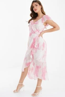 Pink Brush Stroke Frill Midaxi Dress 9 Pink Brush Stroke Frill Midaxi Dress -Women Clothing Sales Store 00100036520 XS