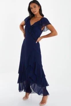 Petite Navy Chiffon Frill Maxi Dress -Women Clothing Sales Store 00100036541 XS