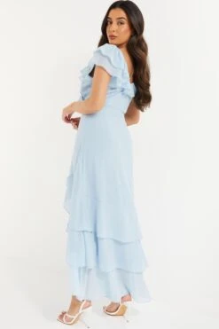 Petite Light Blue Chiffon Frill Maxi Dress -Women Clothing Sales Store 00100036542 XB