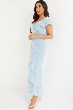 Petite Light Blue Chiffon Frill Maxi Dress -Women Clothing Sales Store 00100036542 XS