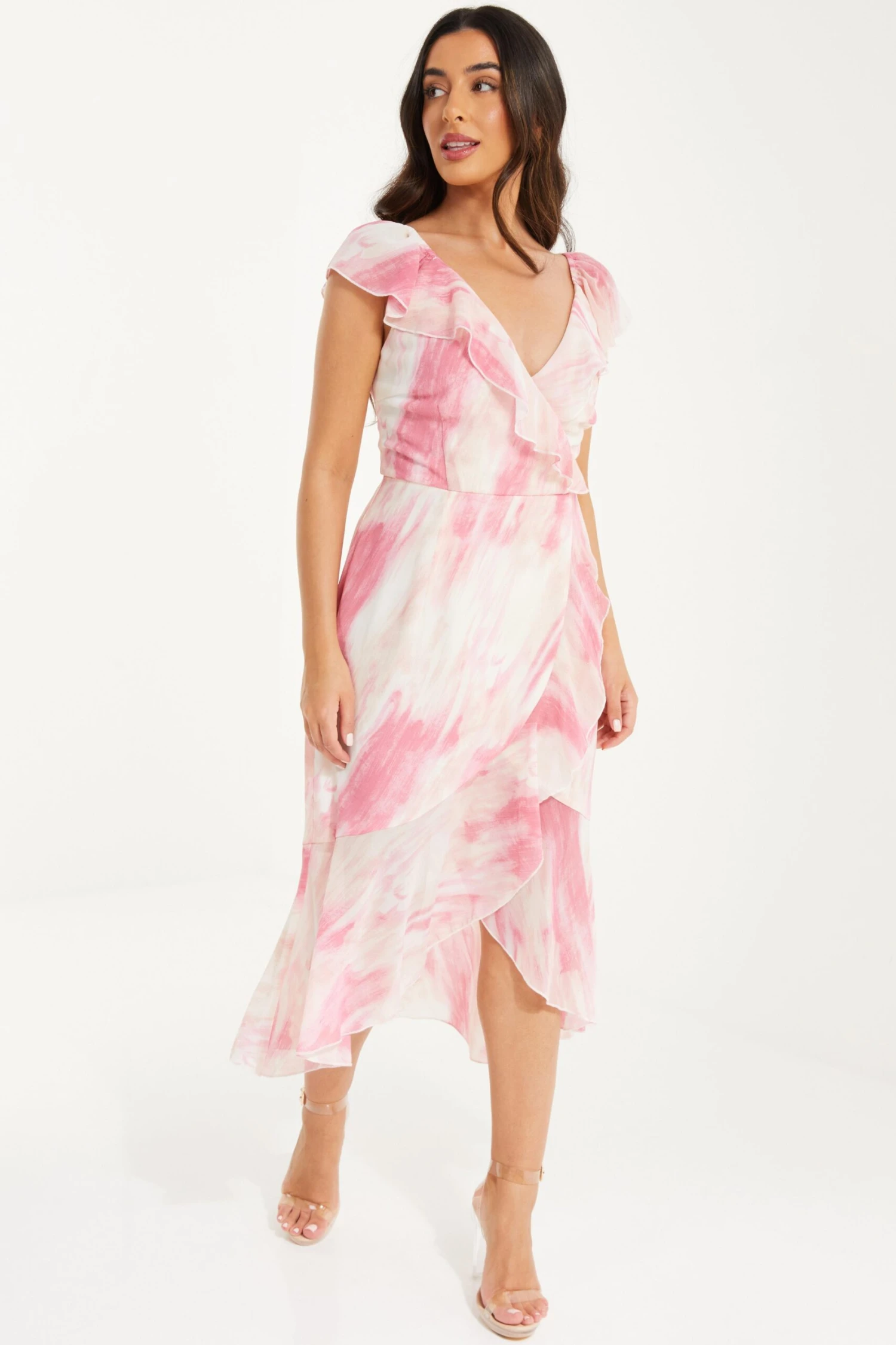 Petite Pink Brush Stroke Frill Midaxi Dress 2 Petite Pink Brush Stroke Frill Midaxi Dress - Image 2