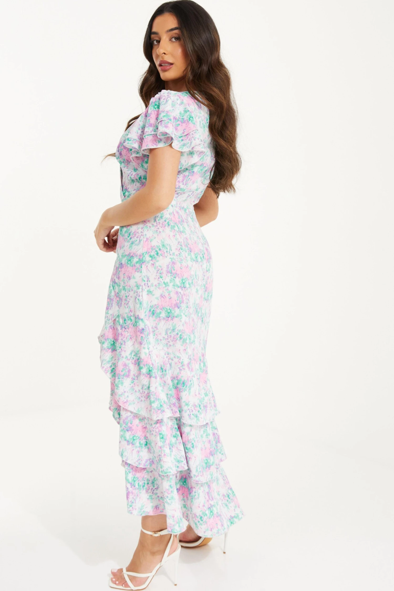 Petite Pink Smudge Print Frill Maxi Dress 3 Petite Pink Smudge Print Frill Maxi Dress - Image 3