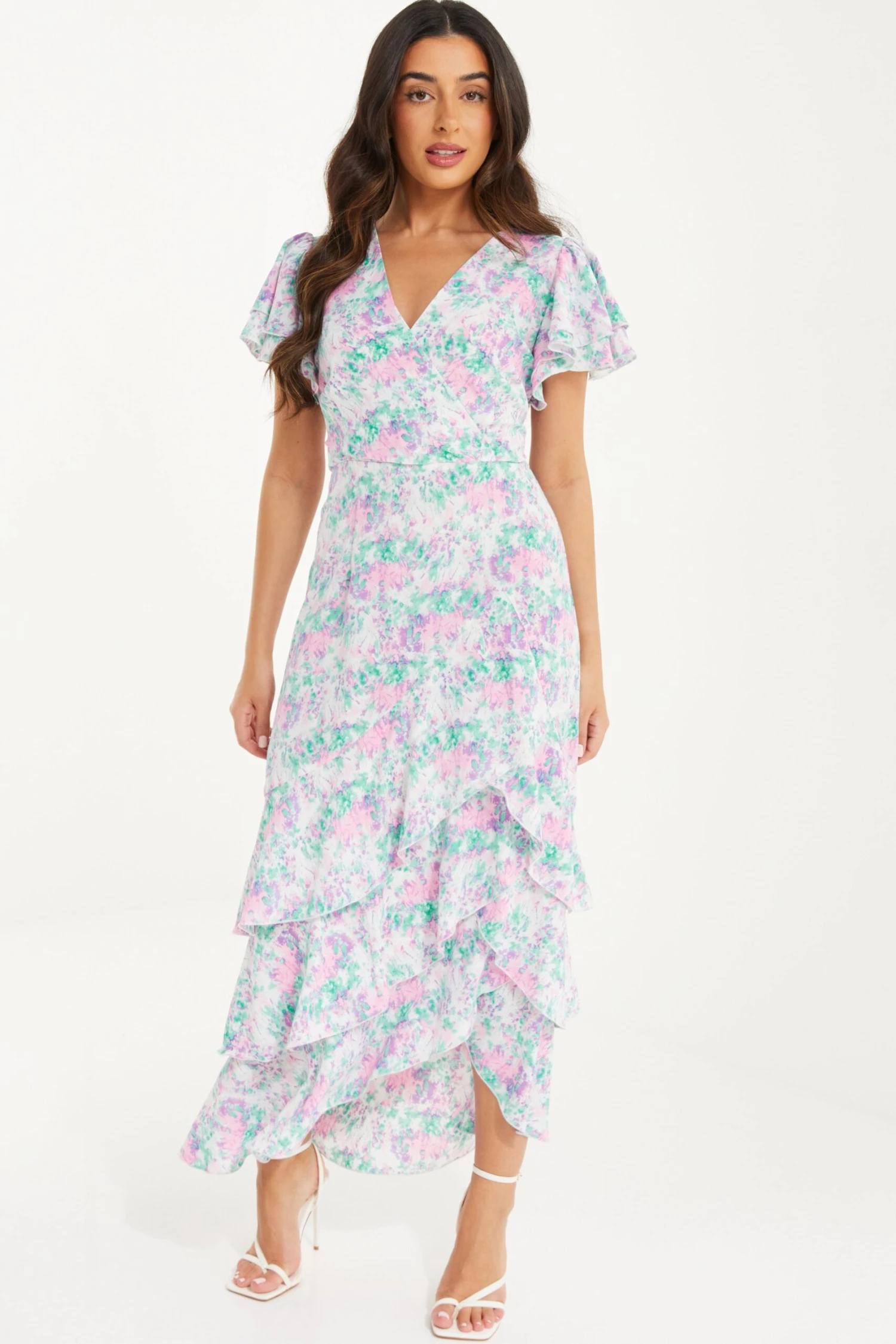 Petite Pink Smudge Print Frill Maxi Dress 2 Petite Pink Smudge Print Frill Maxi Dress - Image 2