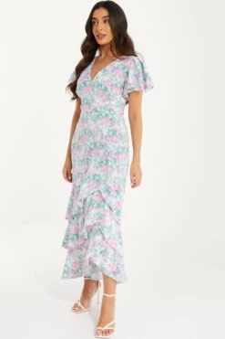 Petite Pink Smudge Print Frill Maxi Dress 9 Petite Pink Smudge Print Frill Maxi Dress -Women Clothing Sales Store 00100036548 XS