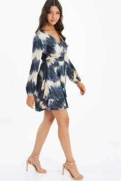 Champagne Satin Marble Print Wrap Mini Dress -Women Clothing Sales Store 00100036592 XS