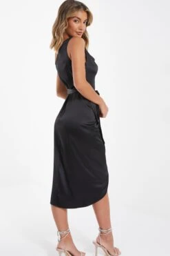 Black Satin One Shoulder Midi Dress -Women Clothing Sales Store 00100036593 XB