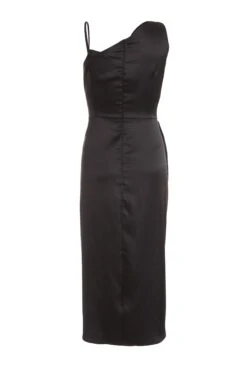 Black Satin One Shoulder Midi Dress -Women Clothing Sales Store 00100036593 ZB
