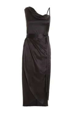 Black Satin One Shoulder Midi Dress