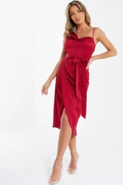Berry Satin One Shoulder Midi Dress -Women Clothing Sales Store 00100036594 XS