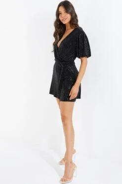 Black Sequin Wrap Playsuit -Women Clothing Sales Store 00100036614 XS