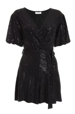 Black Sequin Wrap Playsuit
