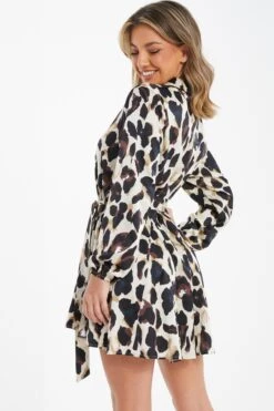 Stone Animal Print Satin Shirt Dress 8 Stone Animal Print Satin Shirt Dress -Women Clothing Sales Store 00100036636 XB