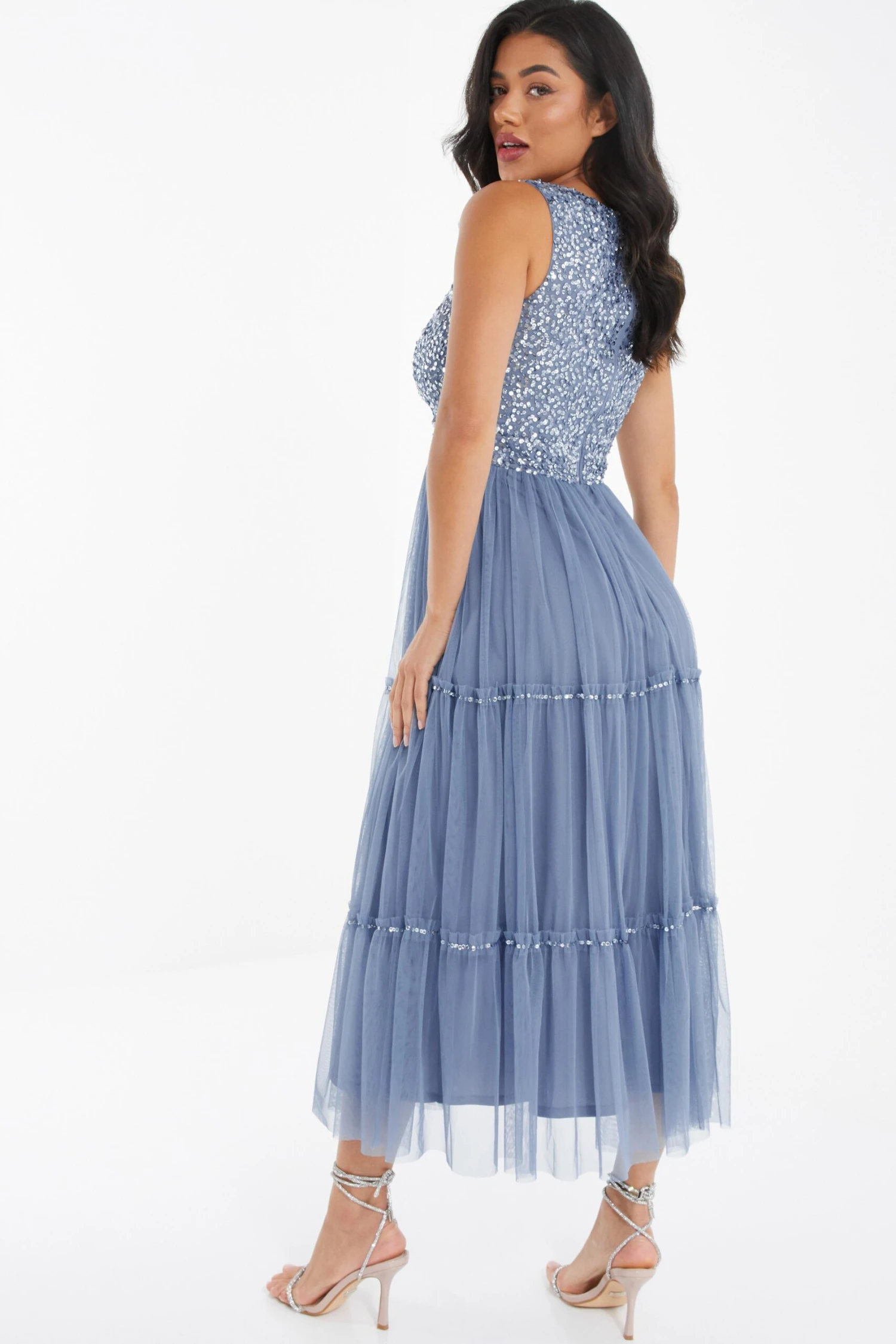 Blue Sequin Tulle Midi Dress 3 Blue Sequin Tulle Midi Dress - Image 3