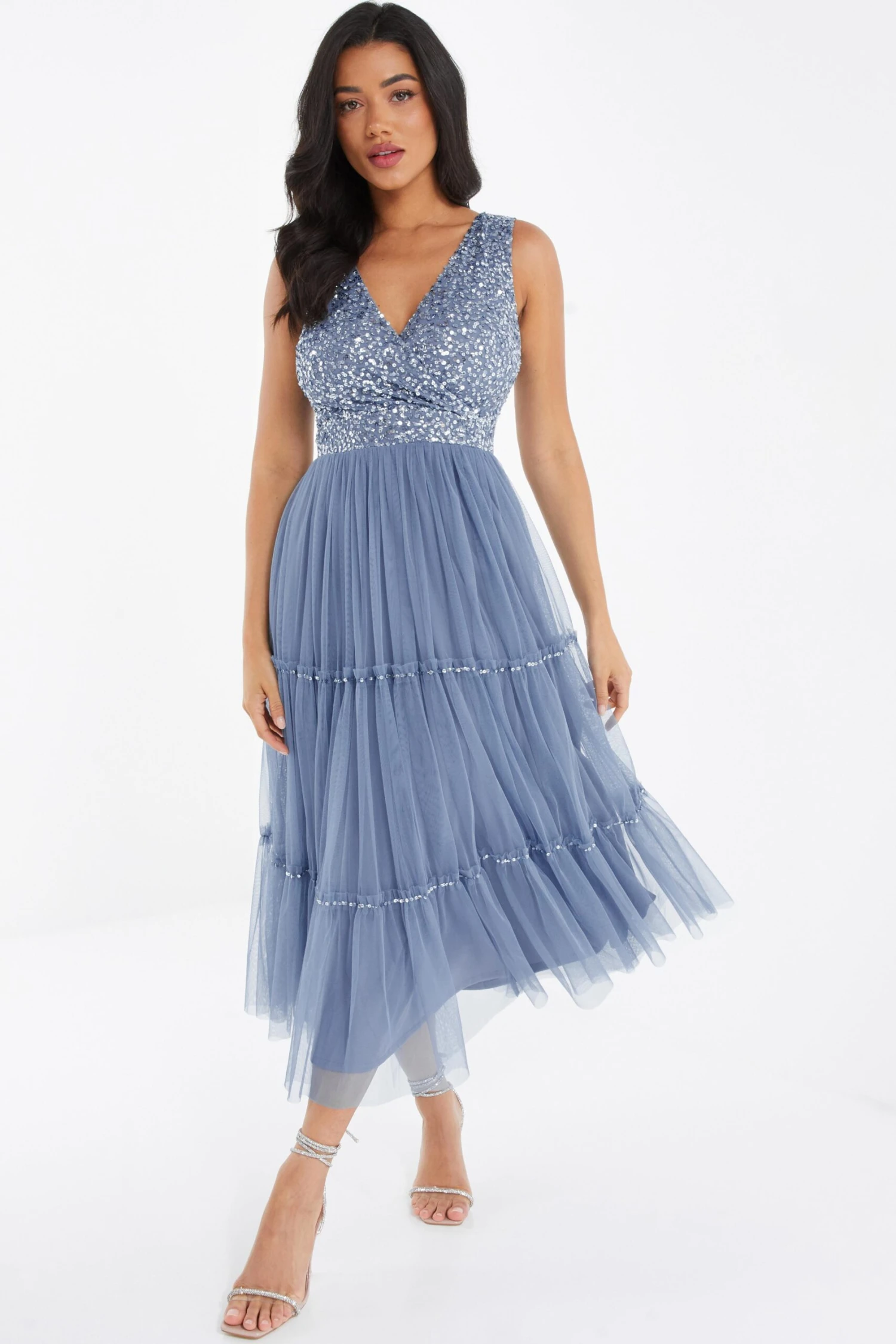 Blue Sequin Tulle Midi Dress 2 Blue Sequin Tulle Midi Dress - Image 2