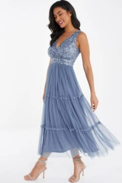 Blue Sequin Tulle Midi Dress 9 Blue Sequin Tulle Midi Dress -Women Clothing Sales Store 00100036641 XS